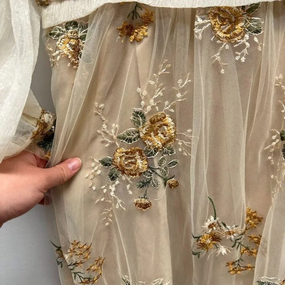 Maizishule Beige Floral Embroidered Midi Dress | Boho Sheer Long Sleeve Size L - Picture 6 of 16